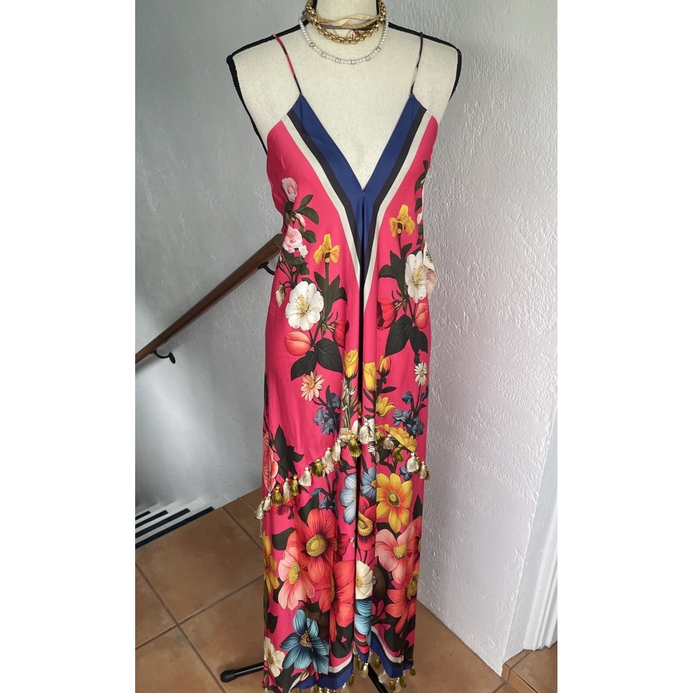 Aratta Silent Journey Floral Ankle Maxi Dress Womens S Multi-Color Tassels Pink